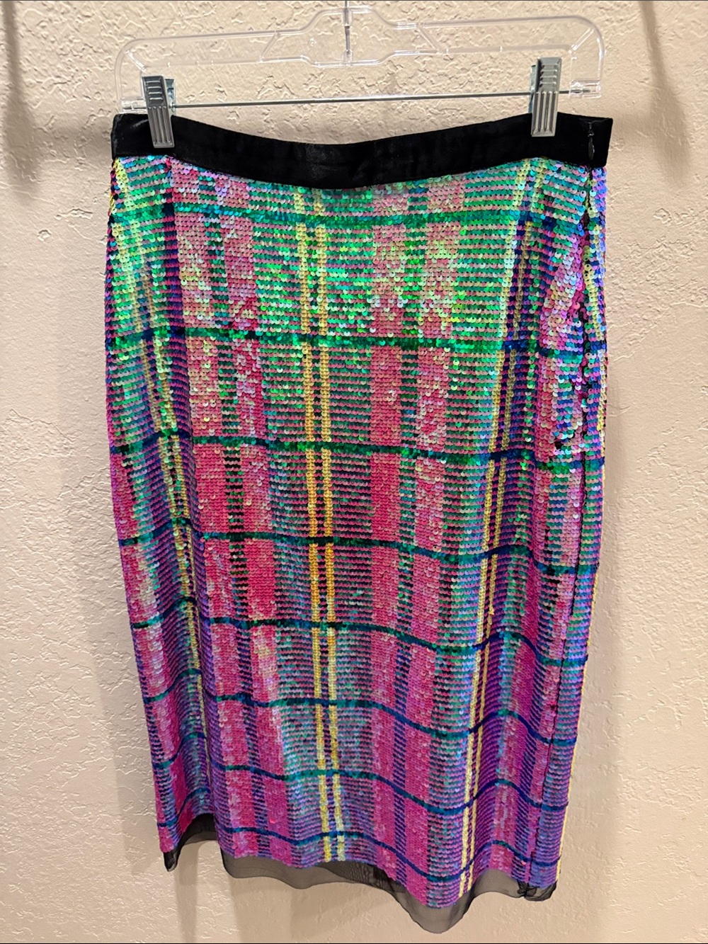 Eva Franco Anthro Multicolor Sequin Plaid Midi Skirt with Black velvet Waistband